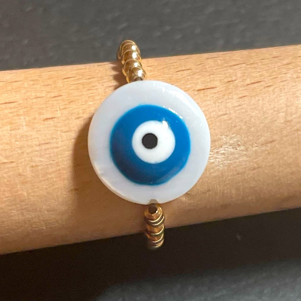14k gold bubble bead evil eye stretch ring